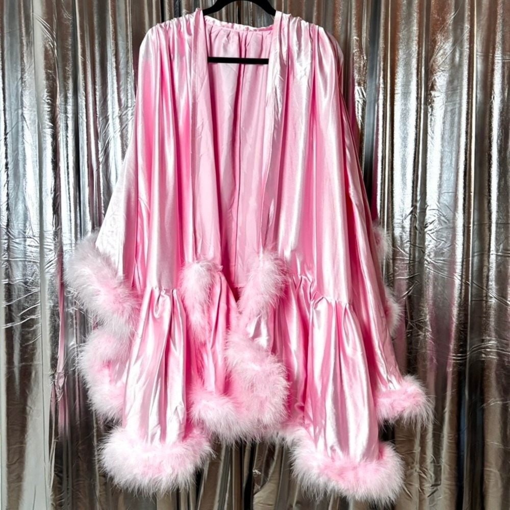 Pink Satin Marabou Feather Trim Robe